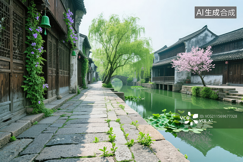 【AI数字艺术】古镇河道美景图片素材