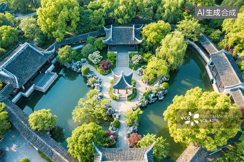 【AI数字艺术】中国传统园林的空中俯瞰图片素材