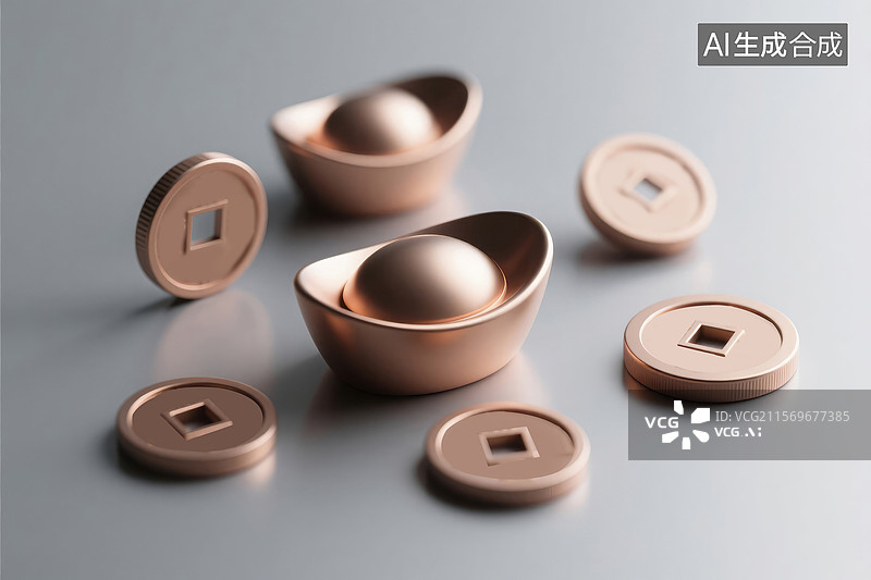 【AI数字艺术】三维金元宝和硬币图片素材