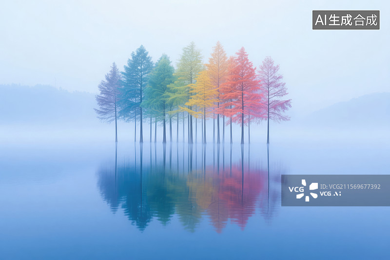 【AI数字艺术】雾中彩树图片素材