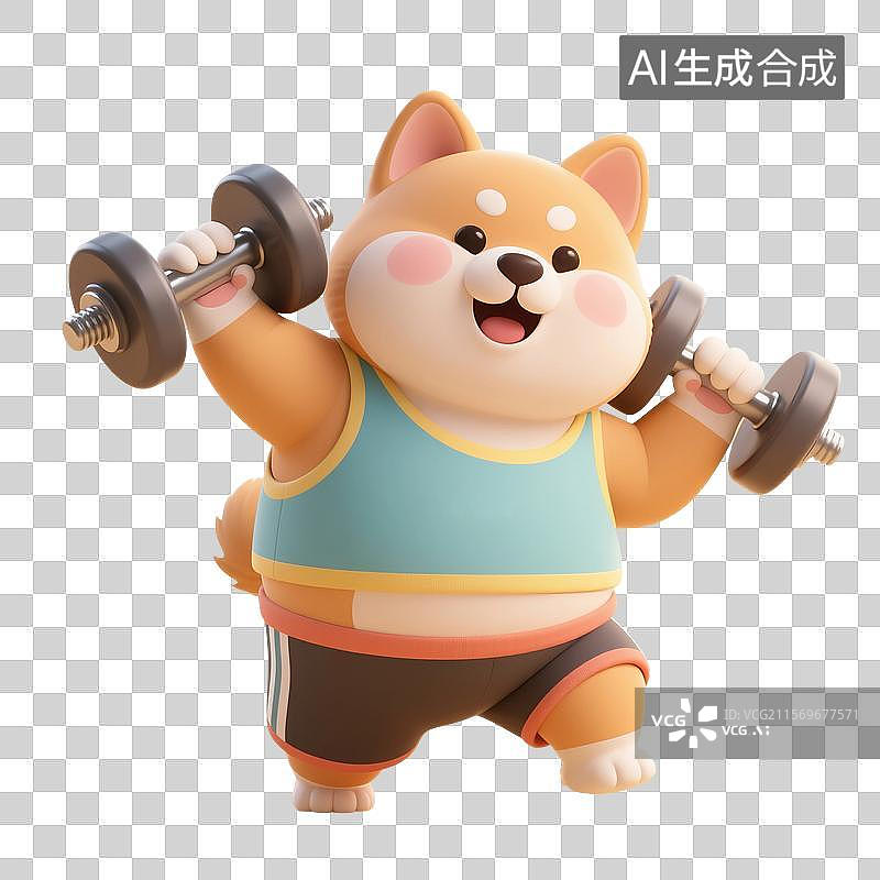 【AI数字艺术】3D渲染卡通动物，一只胖乎乎的柴犬举着哑铃，小狗正在健身，运动，锻炼，减肥瘦身，免抠元素图片素材