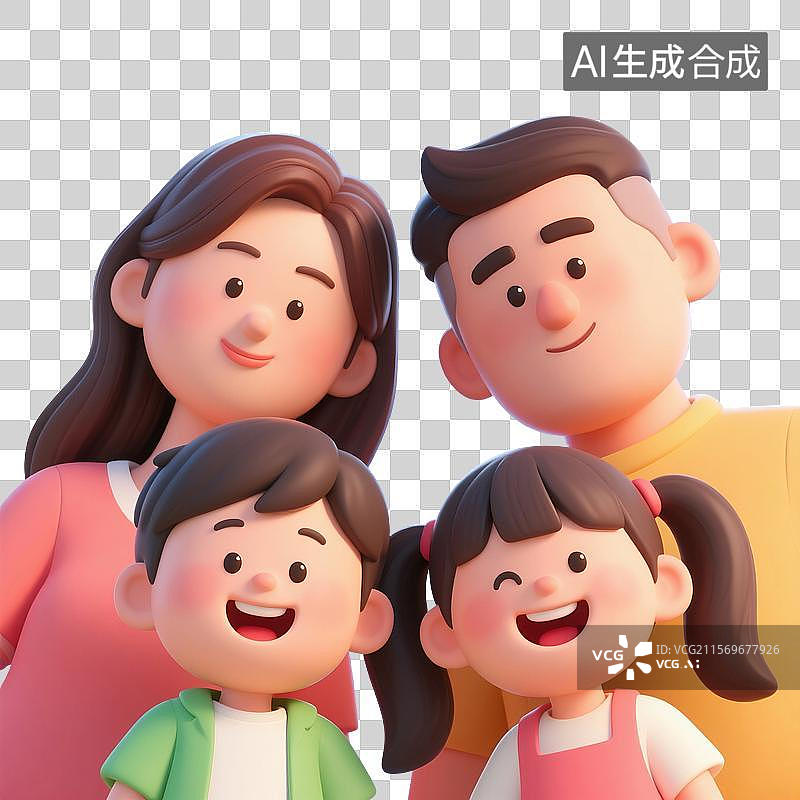 【AI数字艺术】3D渲染卡通人物，一家四口，全家福，二孩家庭，免抠元素图片素材