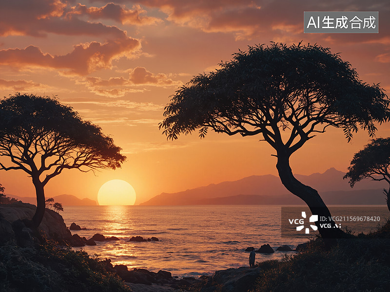【AI数字艺术】夕阳海边树影图片素材