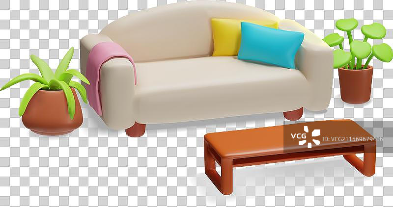 带有格子靠垫的3D沙发，旁边有花卉植物图片素材