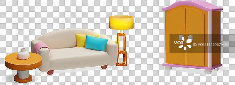 现代沙发配靠垫、落地灯和圆形桌子图片素材