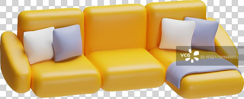黄色角沙发配靠垫，3D塑料风格图片素材