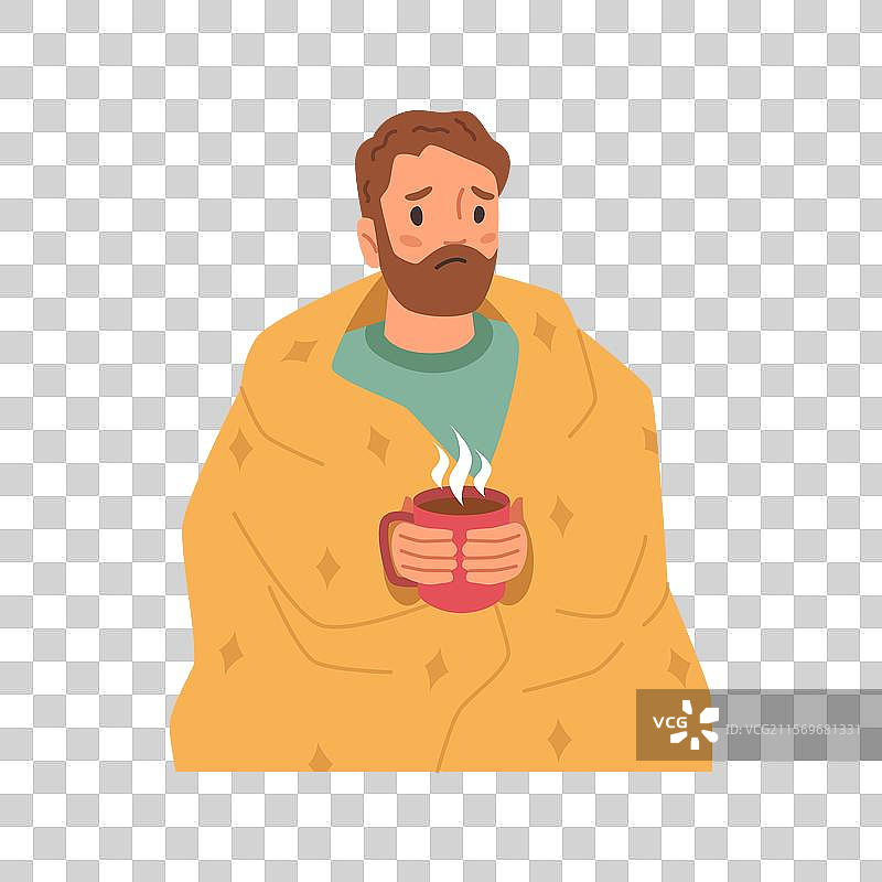 发烧的男人喝热饮，出现感冒症状图片素材
