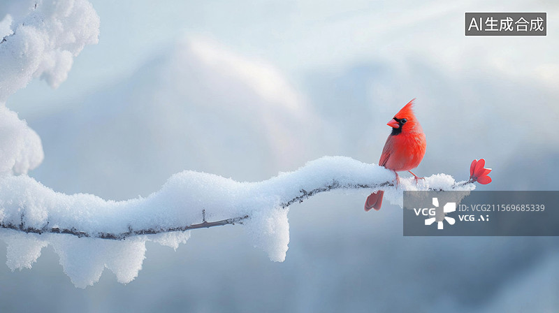 【AI数字艺术】冬季挂满雪的树枝上的红衣凤头鸟图片素材