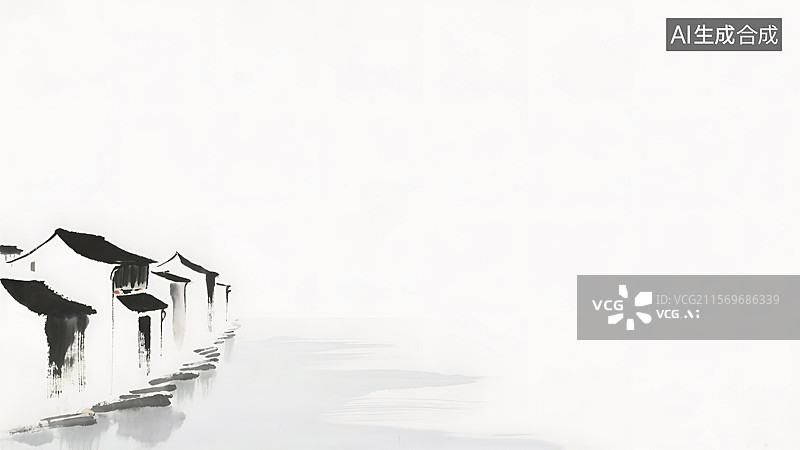 【AI数字艺术】水墨中国民居PPT背景(左下)图片素材