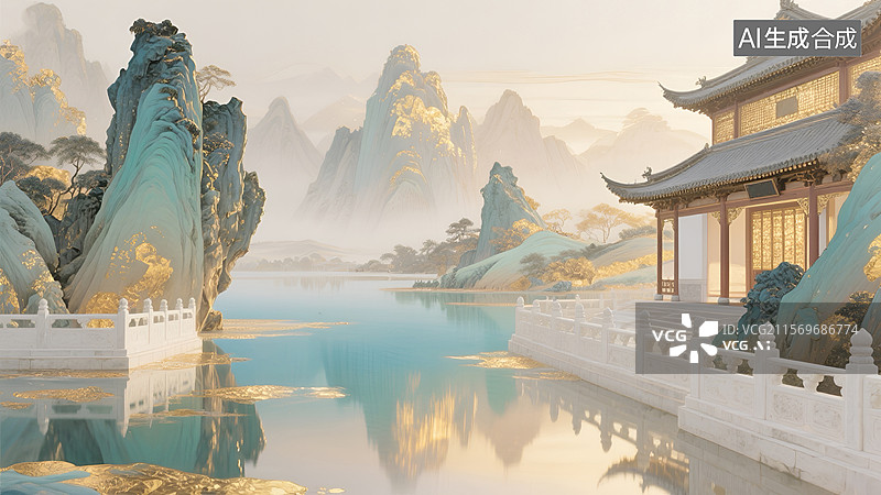 【AI数字艺术】中式山水意境的青色亭台楼阁风景图图片素材