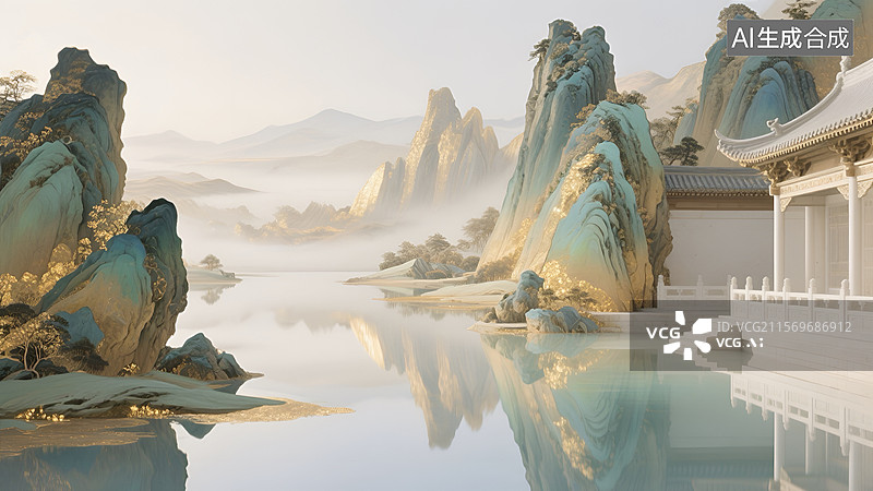 【AI数字艺术】中式山水意境的青色亭台楼阁风景图图片素材