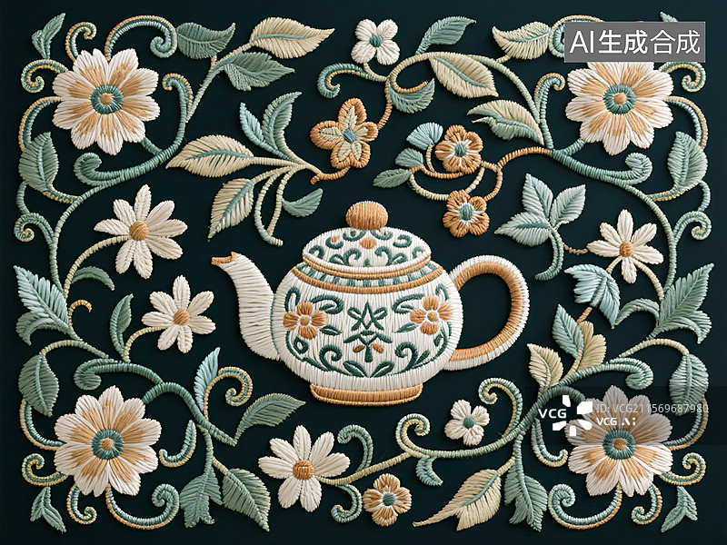 【AI数字艺术】中式刺绣风格的茶巾图案设计图片素材