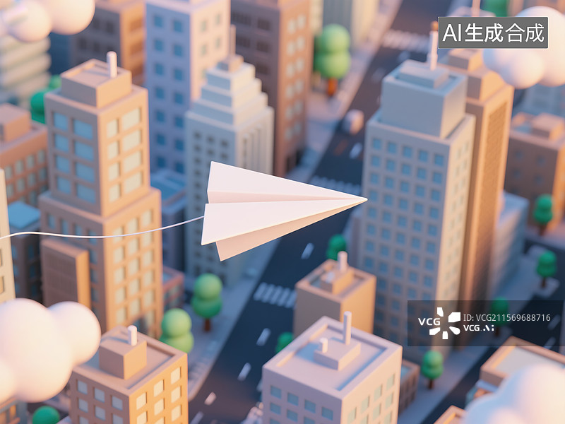 【AI数字艺术】童趣纸飞机的城市奇幻之旅图片素材