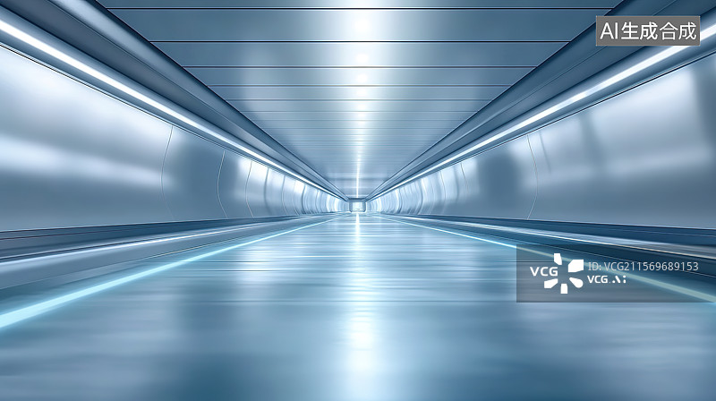 【AI数字艺术】科技风金属光泽蓝色隧道建筑空间图片素材