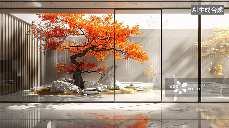 【AI数字艺术】新中式现代禅意风格露台室内设计样板间图片素材