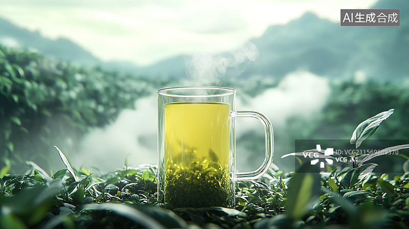 【AI数字艺术】国风茶树茶山背景下的一杯绿茶——茶叶广告概念图片素材