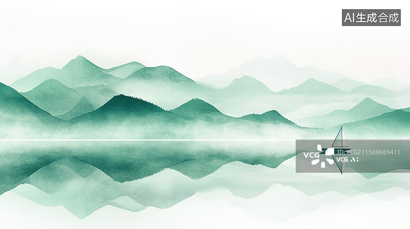 【AI数字艺术】国风极简山水中的孤舟插画图片素材