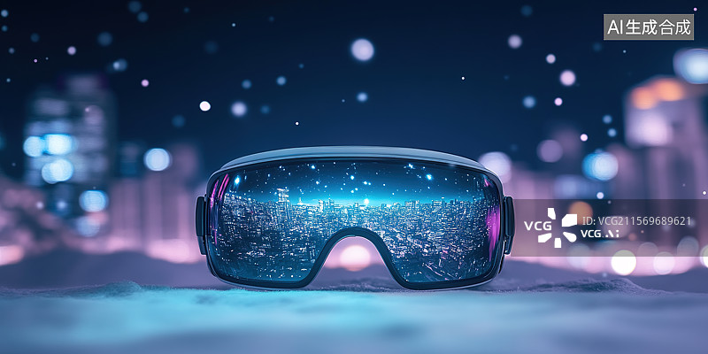 【AI数字艺术】赛博朋克风城市夜景背景下的可穿戴设备VR眼镜图片素材