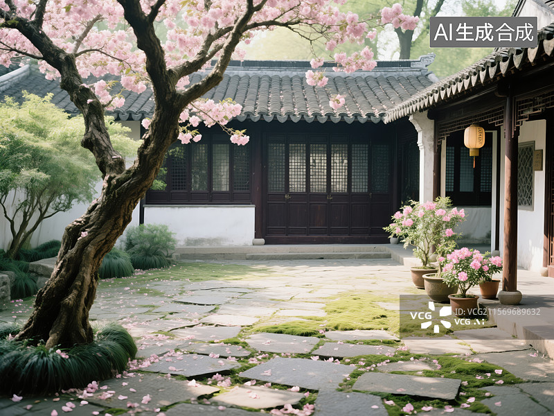 【AI数字艺术】中式庭院的春日诗意插画图片素材