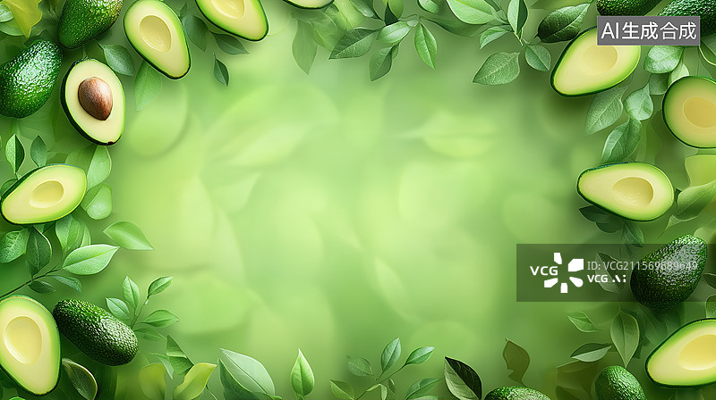 【AI数字艺术】夏日清新风牛油果健康饮食绿色背景插画图片素材