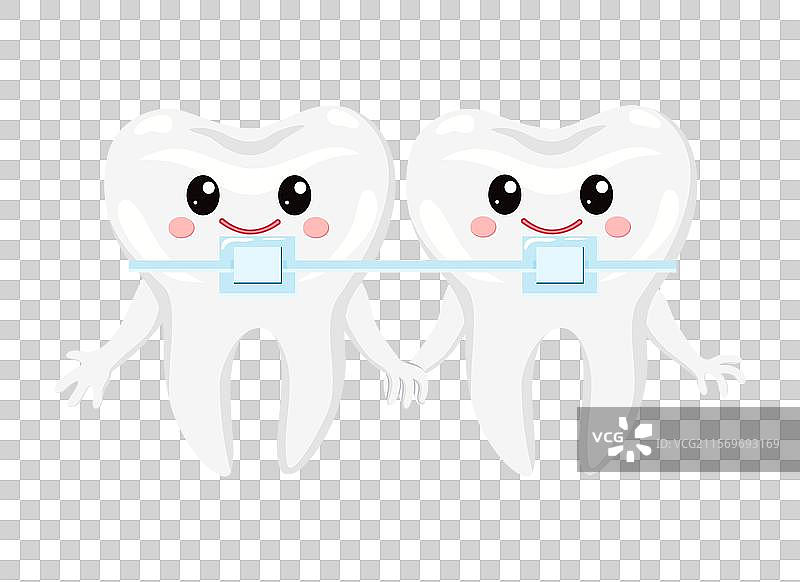 两个戴着牙套的卡通牙齿用于牙科治疗图片素材