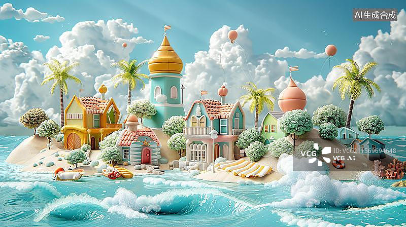 【AI数字艺术】童话小镇的梦幻岛屿  水上城堡的奇妙世界图片素材