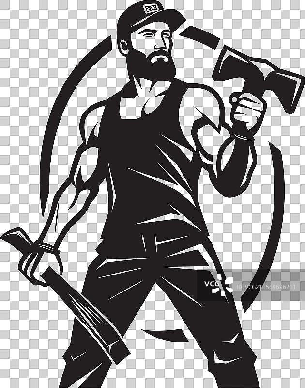 建筑工人挥舞着锤子的标志图片素材