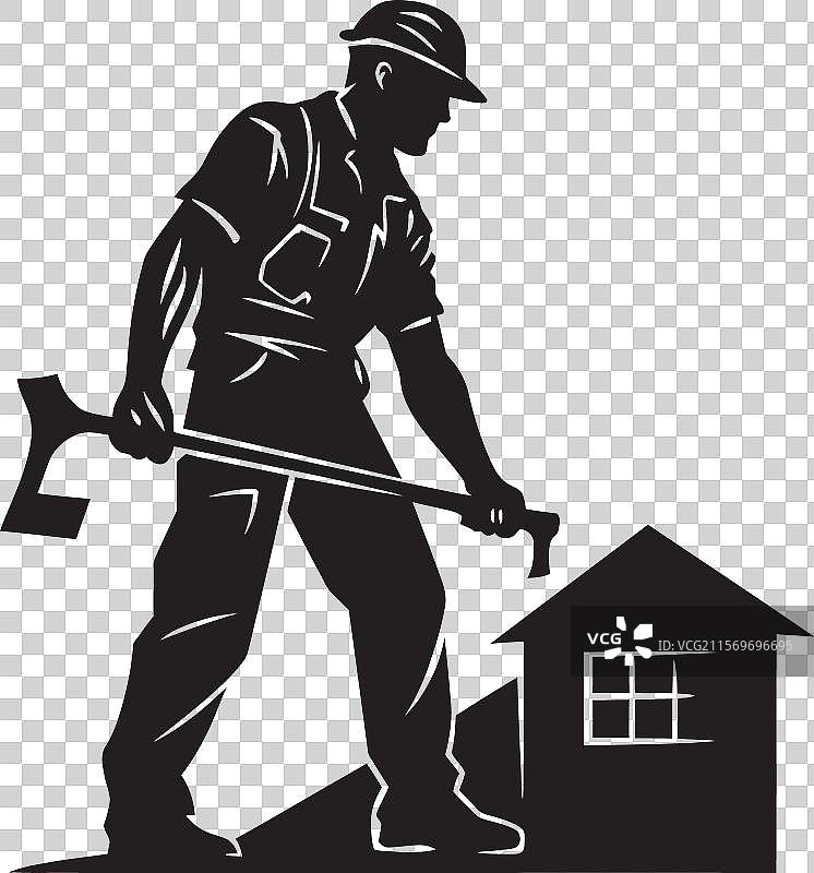 安全帽锤子标志象征着强大的建筑工人图片素材
