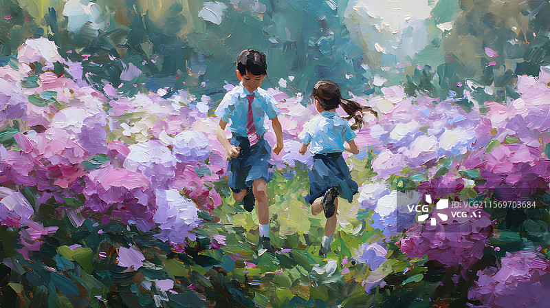 【AI数字艺术】学生 花海 奔跑图片素材