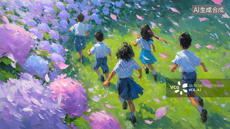 【AI数字艺术】学生 花海 奔跑图片素材