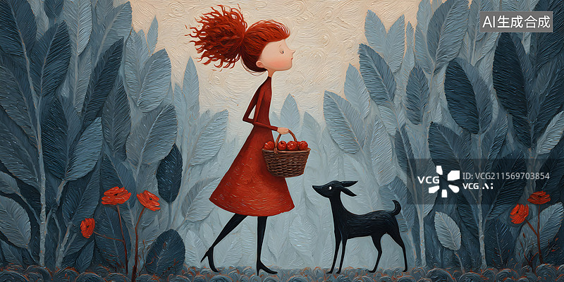 【AI数字艺术】森林 女孩 红色 小狗图片素材