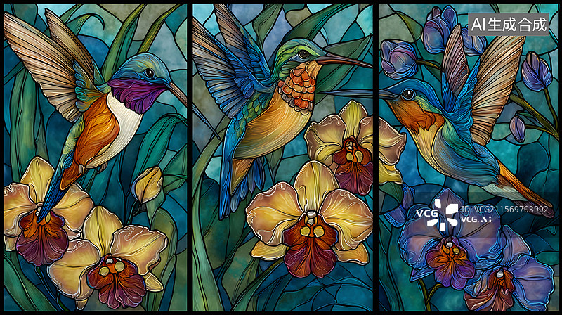 【AI数字艺术】彩色玻璃窗 鸟图片素材