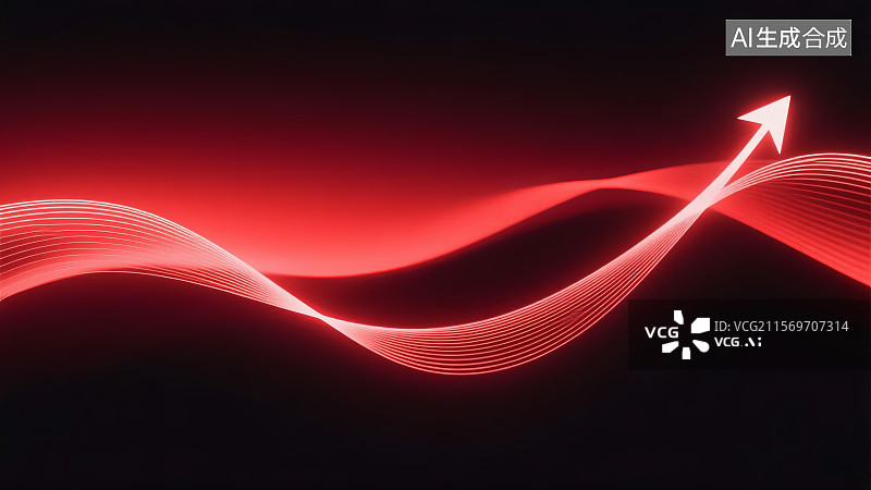【AI数字艺术】红色光线构成的箭头在黑色背景上形成波浪形曲线，象征上升或进步图片素材