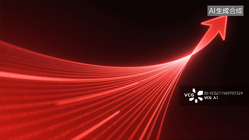 【AI数字艺术】红色箭头从左下向右上延伸，光线逐渐汇聚形成明亮焦点，背景为黑色图片素材