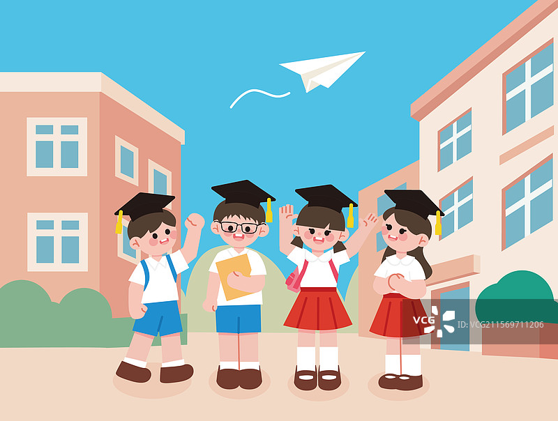 毕业季的小学校园和男生女生图片素材