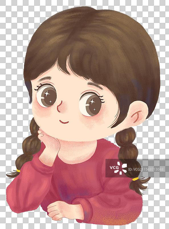手绘一个可爱的小女孩手托腮半身像插画免抠素材图片素材