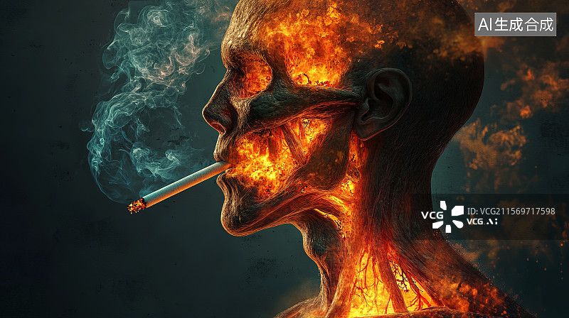 【AI数字艺术】世界无烟日插画骨瘦如柴吸烟的人3D数字合成图图片素材