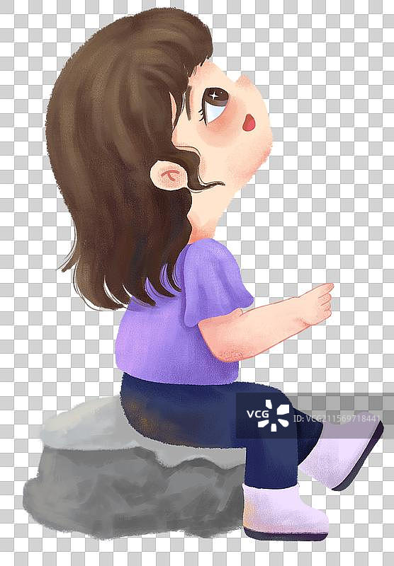 手绘一个小女孩坐在石头上仰头望天空插画免抠素材图片素材