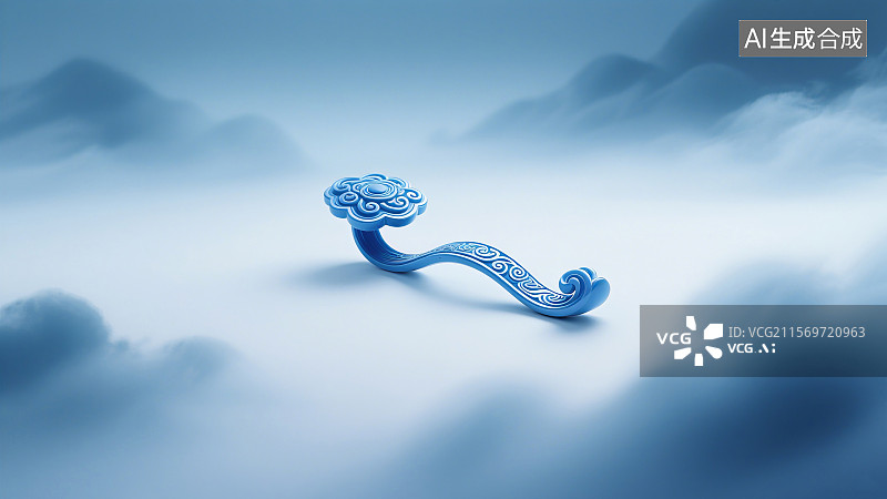 【AI数字艺术】蓝色祥云图案的玉如意在云雾缭绕的背景中显得格外醒目图片素材