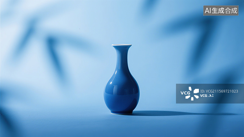 【AI数字艺术】蓝色花瓶置于蓝色背景前，光影交错，形成柔和的视觉效果图片素材