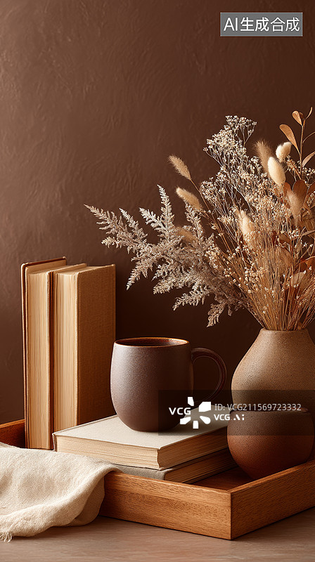 【AI数字艺术】杯子与书本复古静物组合图片素材