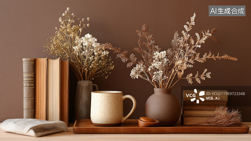 【AI数字艺术】杯子与书本复古静物组合图片素材