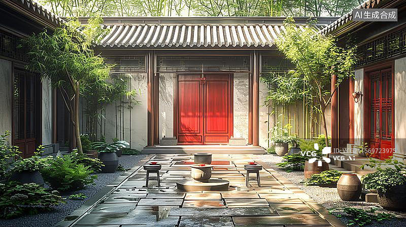 【AI数字艺术】禅意庭院的宁静之美 现代中式庭院景观设计图片素材