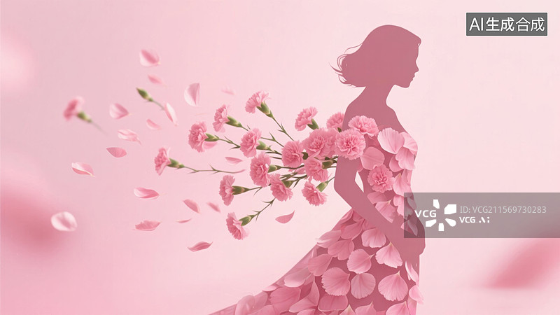 【AI数字艺术】粉色花瓣构成的女性剪影图片素材