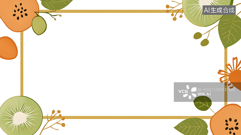 【AI数字艺术】白底金边猕猴桃角落装饰可书写空白矩形框清新插画图片素材