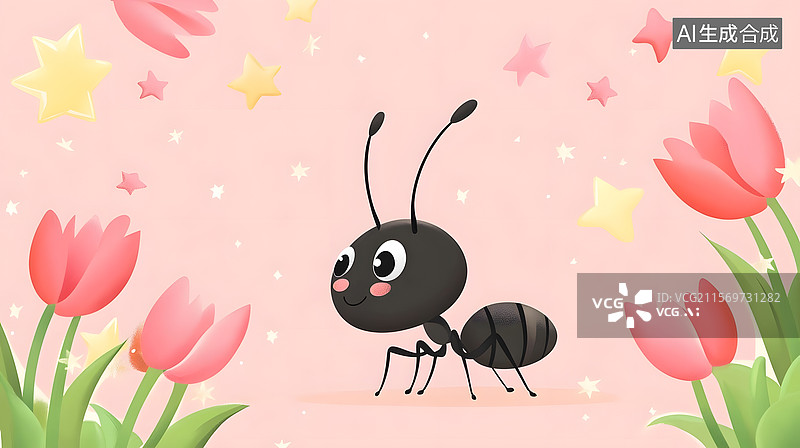 【AI数字艺术】儿童绘本风格蚂蚁与粉色背景星星郁金香插画​图片素材