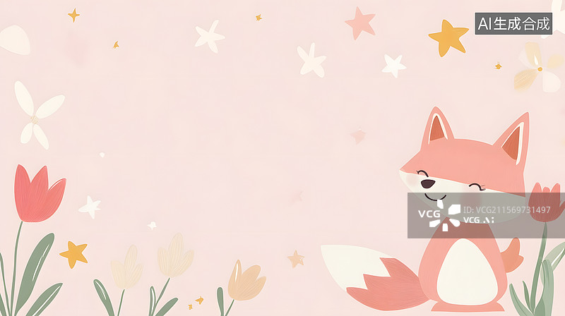 【AI数字艺术】儿童绘本风格萌狼与粉色背景星星郁金香插画​图片素材