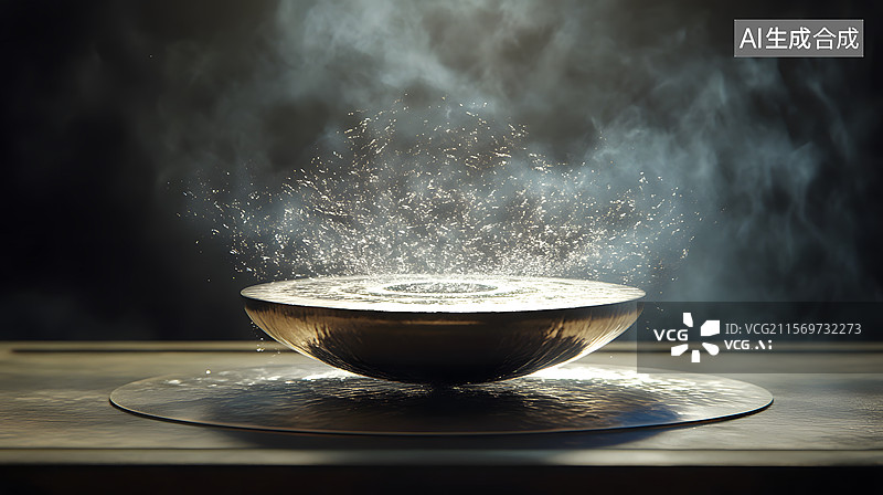 【AI数字艺术】水滴溅落在金属碗中图片素材
