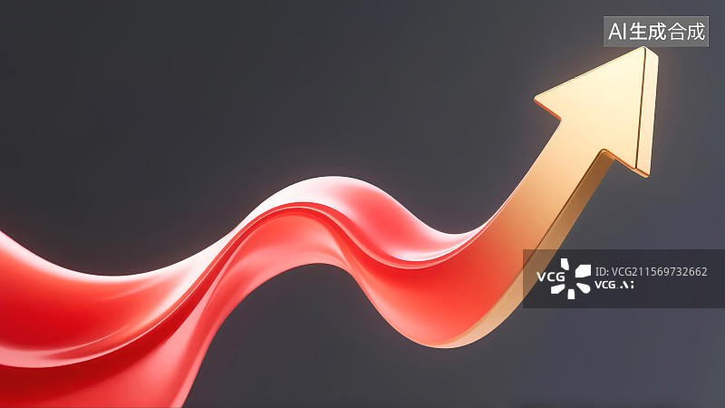 【AI数字艺术】红色波浪形线条与金色箭头结合，象征上升或进步的趋势图片素材