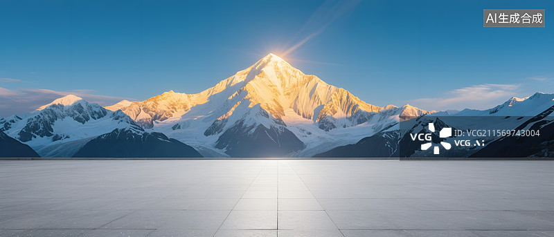 【AI数字艺术】日照金山雪山下的空旷地砖平台展台图片素材
